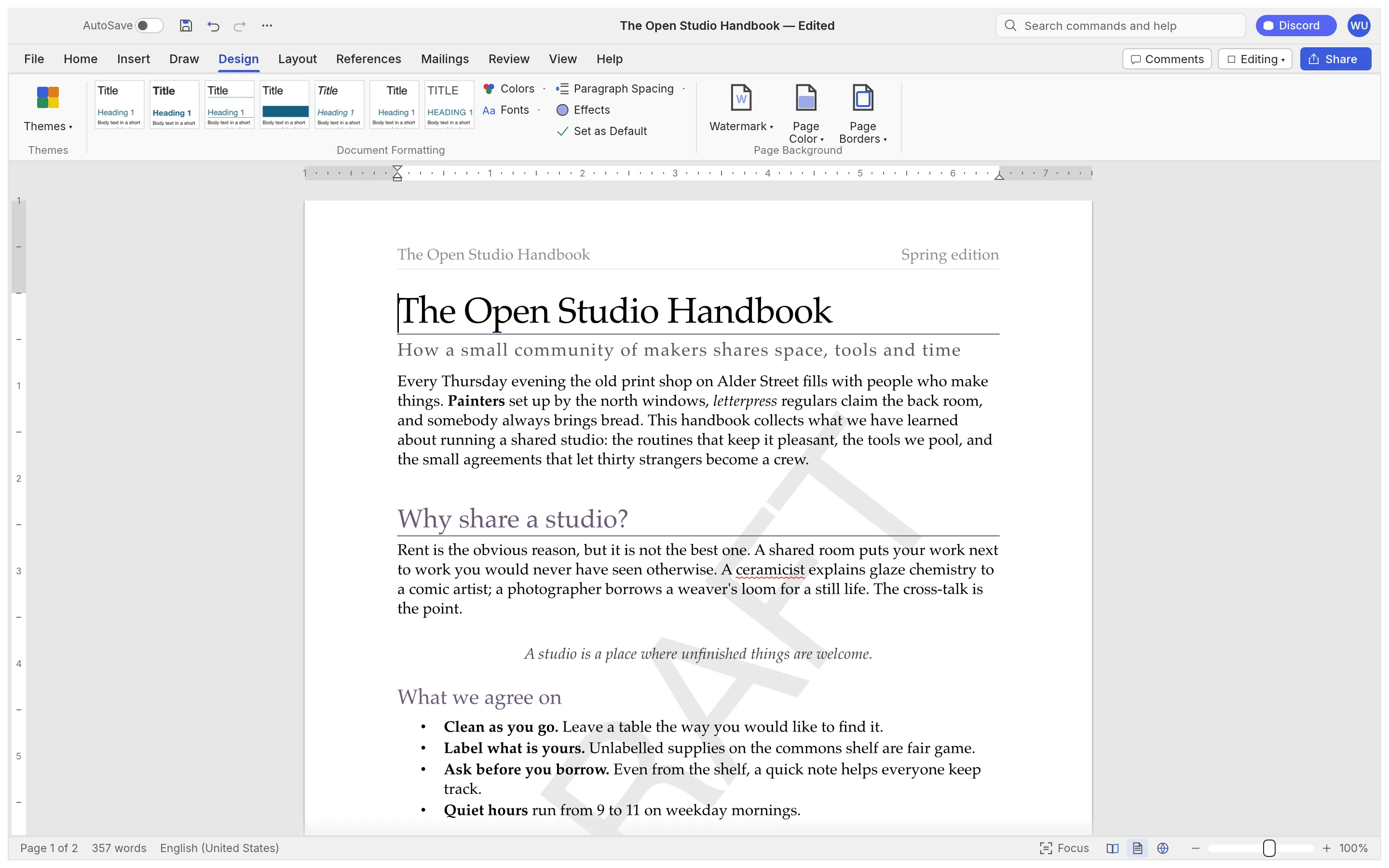 Design: Themes, style sets, watermarks, page colour and page borders.