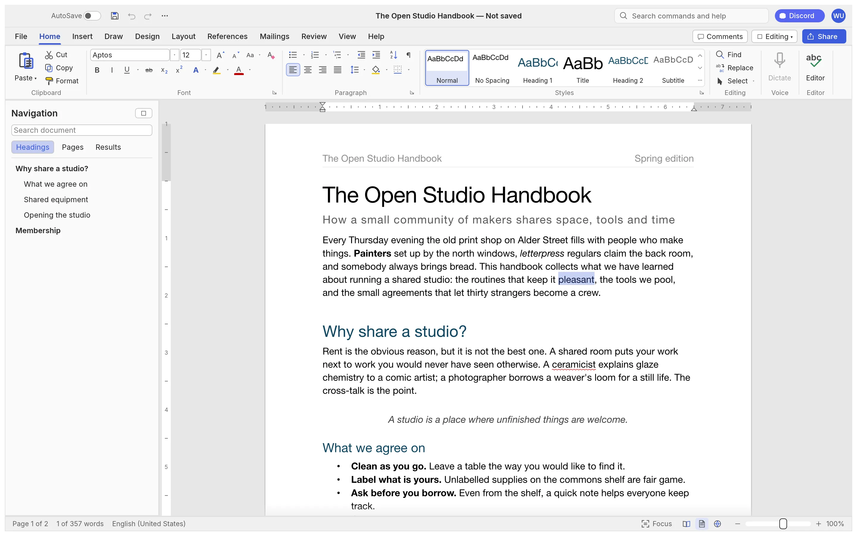 WordCraft with the Home tab of the ribbon open, the Styles gallery, rulers and the Navigation pane, editing a two-page sample document.