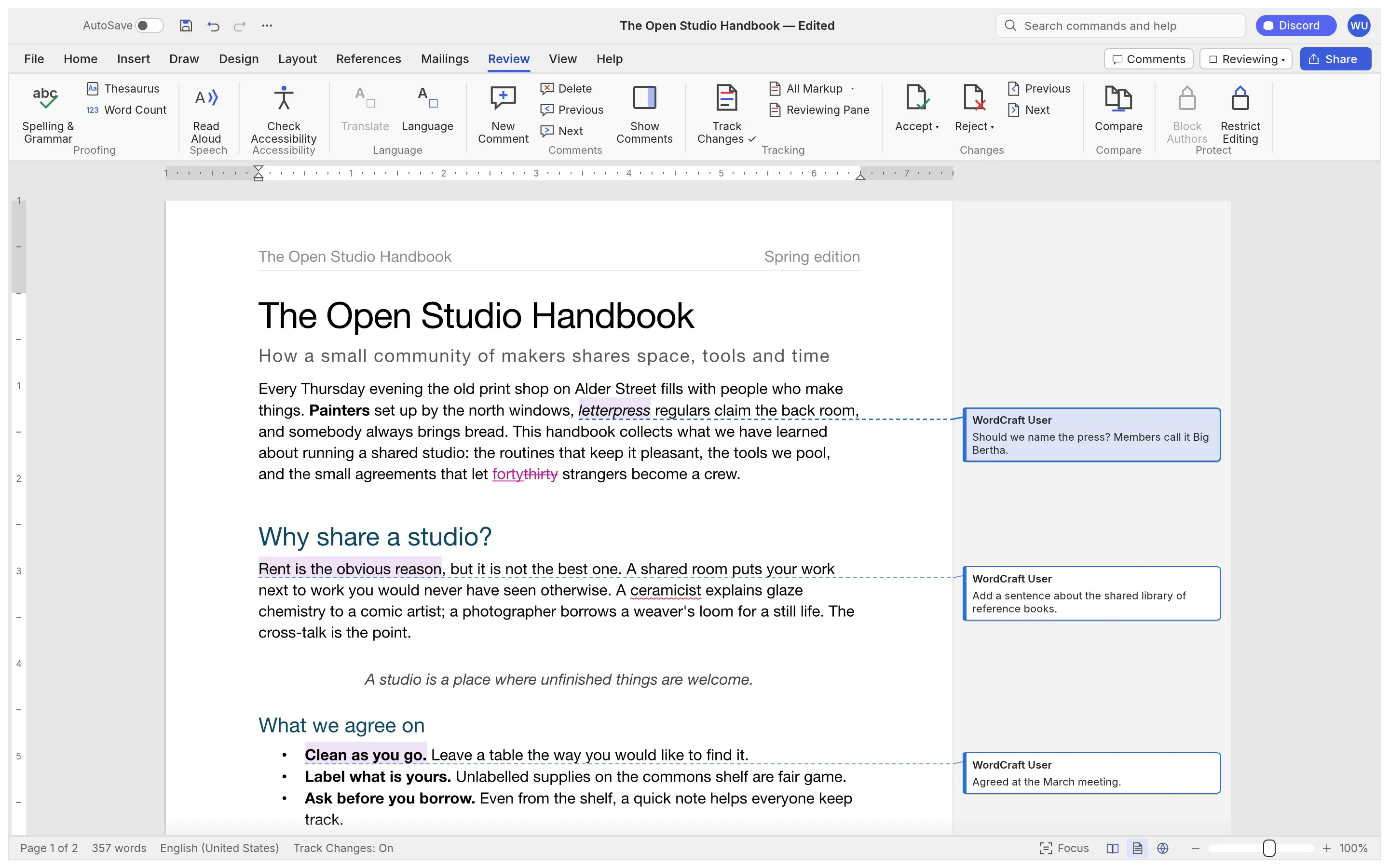 Review: Track changes and margin comments, with accept and reject, and spelling and grammar checks as you type.